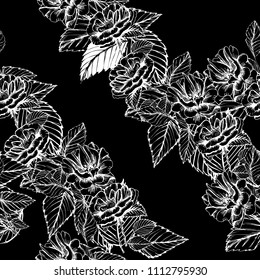 Seamless pattern cute hand drawn garden roses. Ink illustration white and dark background. Beautiful flower in your design. Vintage blossom decor.