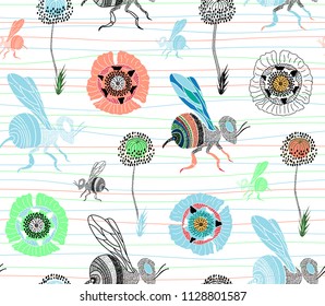 Seamless pattern with cute hand drawn bee and poppies. Pastel with black and white elements. Abstract texture for fabric, textile, apparel, wrapping. Vector illustration.
