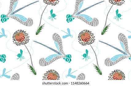 Seamless pattern with cute hand drawn dragonfly, bee and poppies. Pastel with black and white elements. Abstract texture for fabric, textile, apparel, wrapping. Vector illustration.