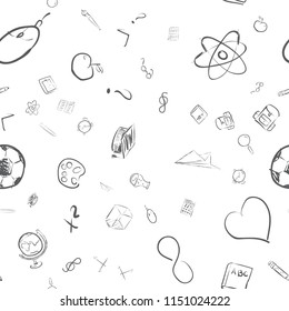Seamless pattern with cute hand drawn educational tools including pencil, globe and others. Vector hand drawn back to school collection
