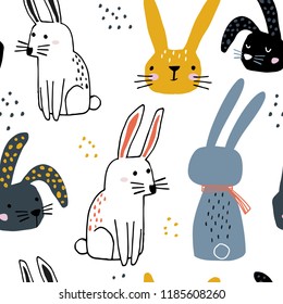 Seamless pattern with cute hand drawn bunnies. Creative childish background. Perfect for kids apparel,fabric, textile, nursery decoration,wrapping paper.Vector Illustration