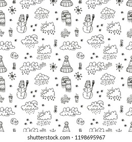 Seamless pattern with cute hand drawn weather icons. Winter season. Vector collection