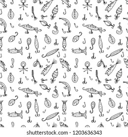 Seamless pattern with cute hand drawn fishing icons. Vector catching fish equipment elements. Doodle illustration