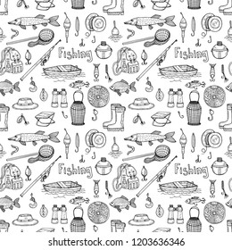 Seamless pattern with cute hand drawn fishing icons. Vector catching fish equipment elements. Doodle illustration