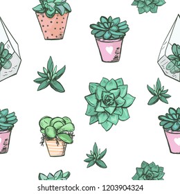 Seamless pattern with cute hand drawn succulent plants