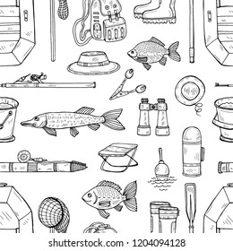 Seamless pattern with cute hand drawn fishing icons. Vector catching fish equipment elements. Doodle illustration