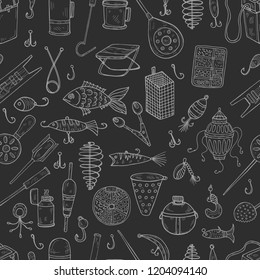 Seamless pattern with cute hand drawn fishing icons. Vector catching fish equipment elements. Doodle illustration