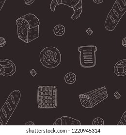 Seamless pattern with cute hand drawn bakery icons. Doodle vector collection. Good morning food illustration
