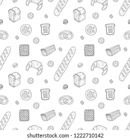Seamless pattern with cute hand drawn bakery icons. Doodle vector collection. Good morning food illustration