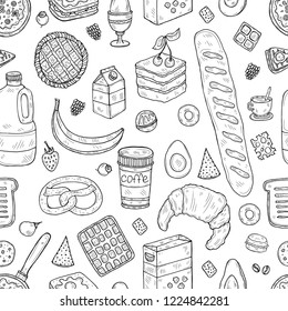 Seamless pattern with cute hand drawn breakfast icons. Doodle vector collection. Food illustration