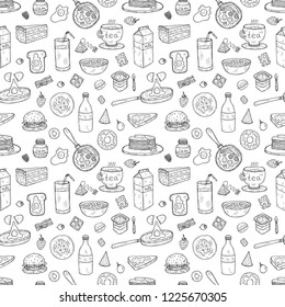 Seamless pattern with cute hand drawn breakfast icons. Doodle vector collection. Food illustration