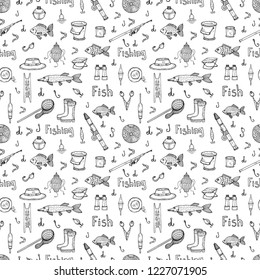 Seamless pattern with cute hand drawn fishing icons. Vector catching fish equipment elements. Doodle illustration