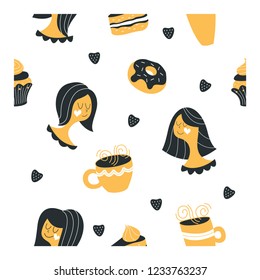 Seamless pattern. Cute hand drawn girls and sweets, cakes, cakes and donuts. As well as mugs with hot tea and coffee. Perfect for printing on wrapping paper packaging cakes and pastries in pastry shop