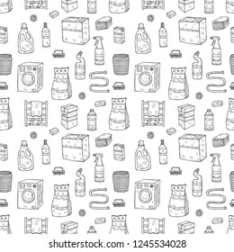Seamless pattern with cute hand drawn laundry icons. Vector collection