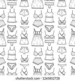Seamless pattern with cute hand drawn lingerie and pajamas. Collection of clothes for sleeping and relaxing. Vector illustration