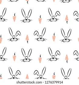 Seamless pattern with cute hand drawn rabbits and carrots.