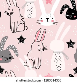 Seamless pattern with cute hand drawn bunnies. Creative childish background. Perfect for kids apparel,fabric, textile, nursery decoration,wrapping paper.Vector Illustration