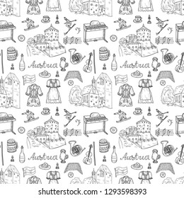 Seamless pattern with cute hand drawn Welcome to Austria icons. Vector sketch. 