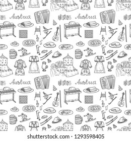 Seamless pattern with cute hand drawn Welcome to Austria icons. Vector sketch. 