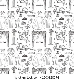 Seamless pattern with cute hand drawn wedding icons. Vector collection of wedding illustration.