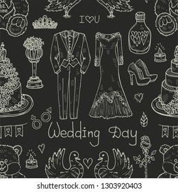 Seamless pattern with cute hand drawn wedding icons. Vector collection of wedding illustration.