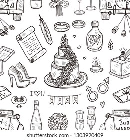 Seamless pattern with cute hand drawn wedding icons. Vector collection of wedding illustration.