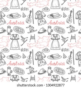 Seamless pattern with cute hand drawn Welcome to Austria icons. Vector sketch. 