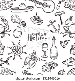 Seamless pattern with cute hand drawn Spain related icons. Vector collection