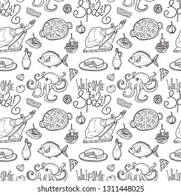 Seamless pattern with cute hand drawn Spain related icons. Vector collection