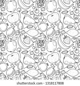 Seamless pattern with cute hand drawn Fruits. Illustration for coloring. Vector