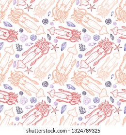 Seamless pattern with cute hand drawn marine inhabitants. Vector collection