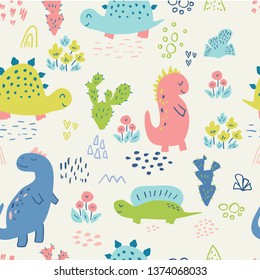 Seamless pattern with cute hand drawn dinosaurs for baby and kids fabric, textiles, wallpapers and products