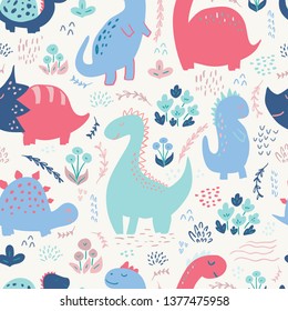 Seamless pattern with cute hand drawn dinosaurs for baby and kids fabric, textiles, wallpapers and products