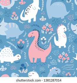 Seamless pattern with cute hand drawn dinosaurs for baby and kids fabric, textiles, wallpapers and products