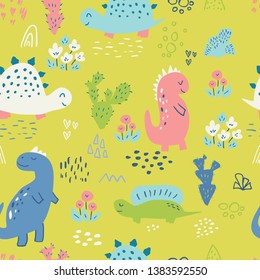 Seamless pattern with cute hand drawn dinosaurs for baby and kids fabric, textiles, wallpapers and products