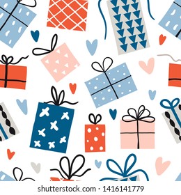 Seamless pattern with cute hand drawn gift boxes and hearts. Colorful decorative doodle elements. Celebration Birthday, Holidays, Merry Christmas, New Year. Vector texture. 