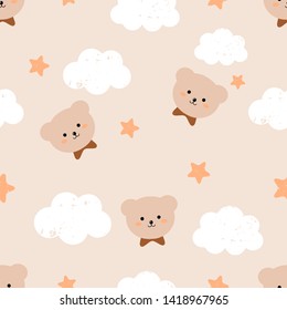 Seamless pattern of Cute hand drawn teddy bear on orange background. happy face cartoon character with cloud and star for kids.