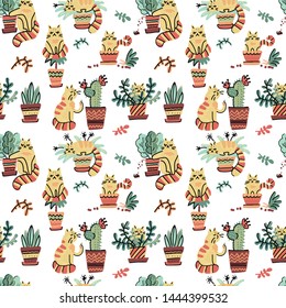Seamless pattern with Cute hand drawn cats in different poses damaging home plants. Vector flat doodle Scandinavian cartoon characters. Cozy print design with yellow striped kittens and flower pots