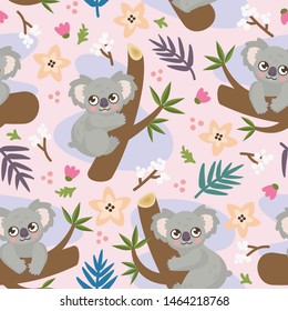 Seamless pattern with cute hand drawn koala, leaves and flowers. Great for fabric, textile. Vector illustration