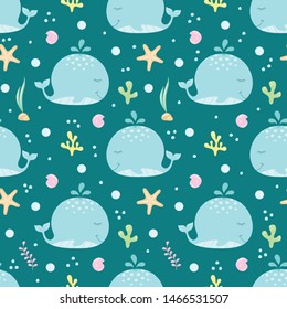 Seamless pattern with cute hand drawn whales and underwater world