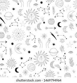 Seamless pattern with cute hand drawn sun, planet, moon star. Mystic scandinavian design. Vector illustration.