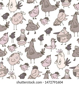 Seamless pattern with cute hand drawn birds. Vector EPS 10.