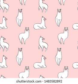 Seamless pattern with cute hand drawn lamas isolated on pink background. Repeated ornament with cartoon animals in doodle style. Vector illustration.