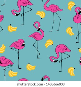 Seamless pattern with cute hand drawn flamingos and bananas. Pink doodle birds on green background. Vector illustration.