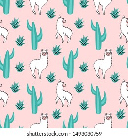 Seamless pattern with cute hand drawn white lamas and big cactuses on pink background. Repeated ornament with cartoon animals in doodle style. Vector illustration.