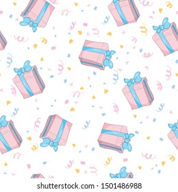 Seamless pattern with cute hand drawn gift boxes. Celebration Birthday, Holidays, Merry Christmas, New Year. Vector illustration.