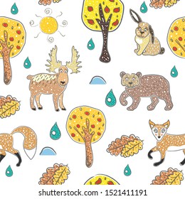 Seamless Pattern with cute Hand Drawn Animals. Scandinavian Style. Bright Colors. Vector Illustration