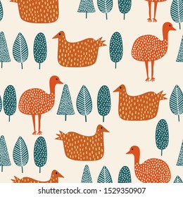 seamless pattern of cute hand drawn australia cassowary and emu