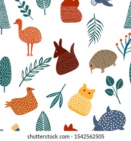 seamless pattern of cute hand drawn australia wildlife,cassowary,emu,koala,kangaroo,platypus on white background