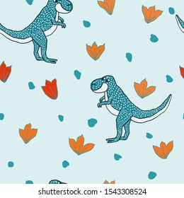 Seamless pattern with cute hand drawn dinosaurs on blue background. Fun doodle drawing of tyrannosaurus. Childish design for fabric, textile, digital or wrapping paper. Stock vector illustration.